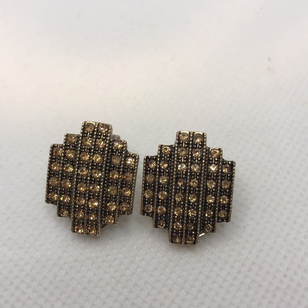 Monet Gold Tone & Rhinestone Art Deco Style Clip On Earrings Signed